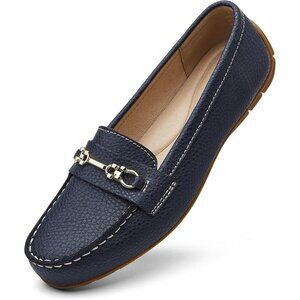 Kordal Women's Navy Leather Gold Accent Buckle Slip-Ons Walking Flats Loafers